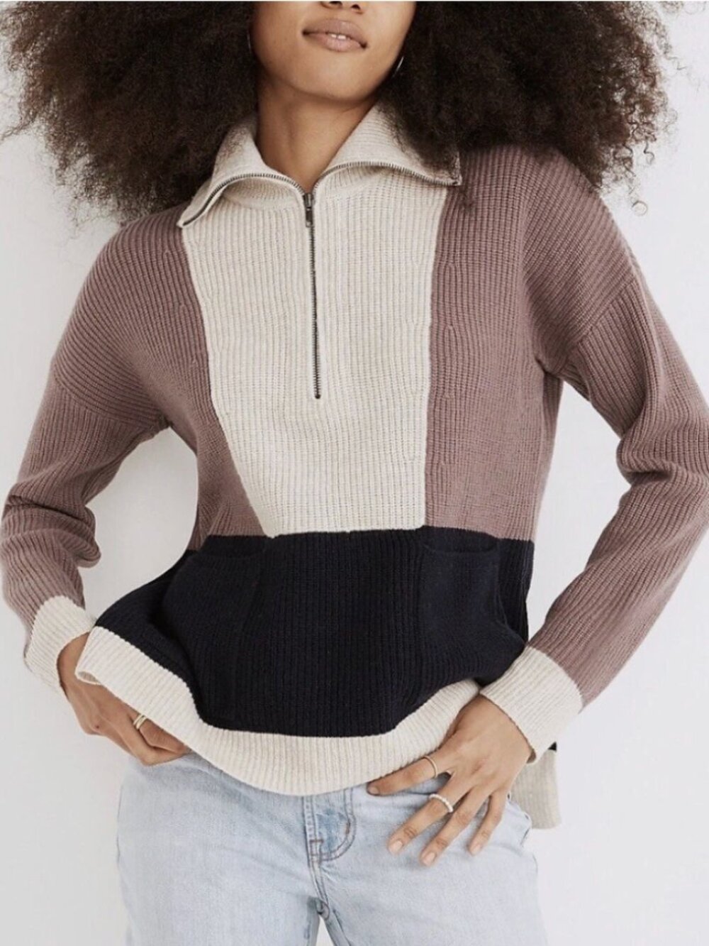 MADEWELL Glenbrook Colorblock Half Zip Sweater XS Preppy Knit Casual Neutral